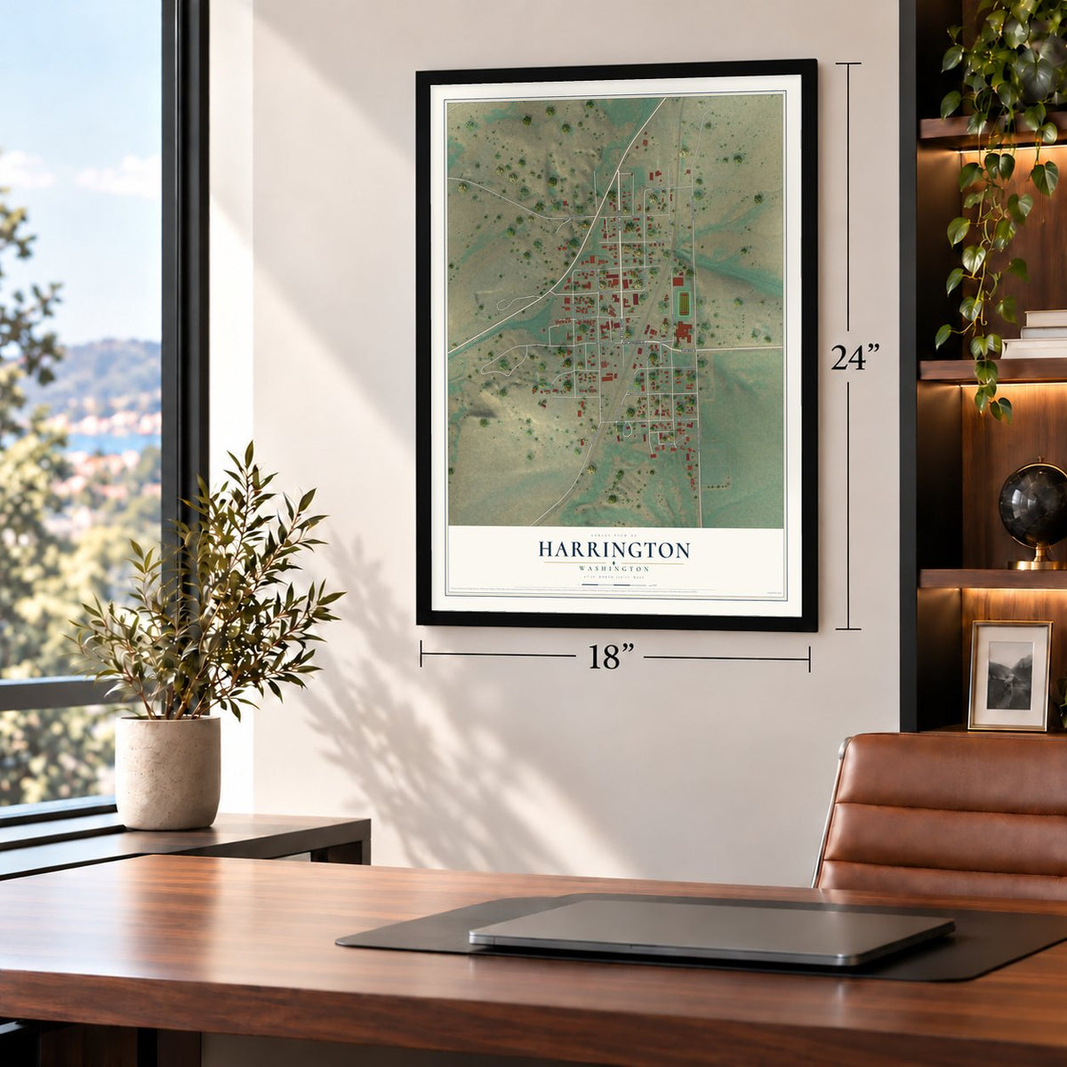 Harrington, Washington map, 18 x 24 inch print in a black frame in a home office
