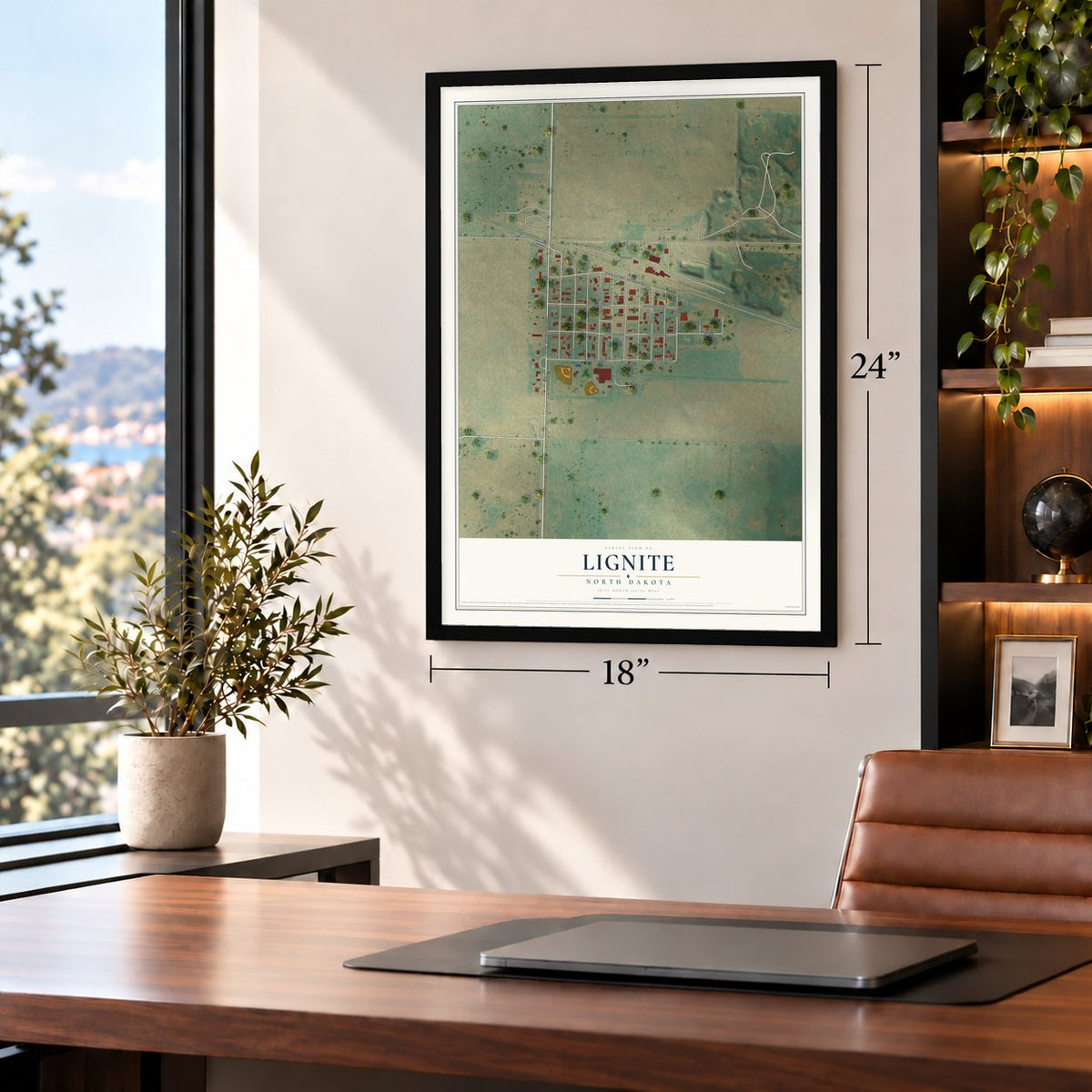 Lignite, North Dakota map, 18 x 24 inch print in a black frame in a home office
