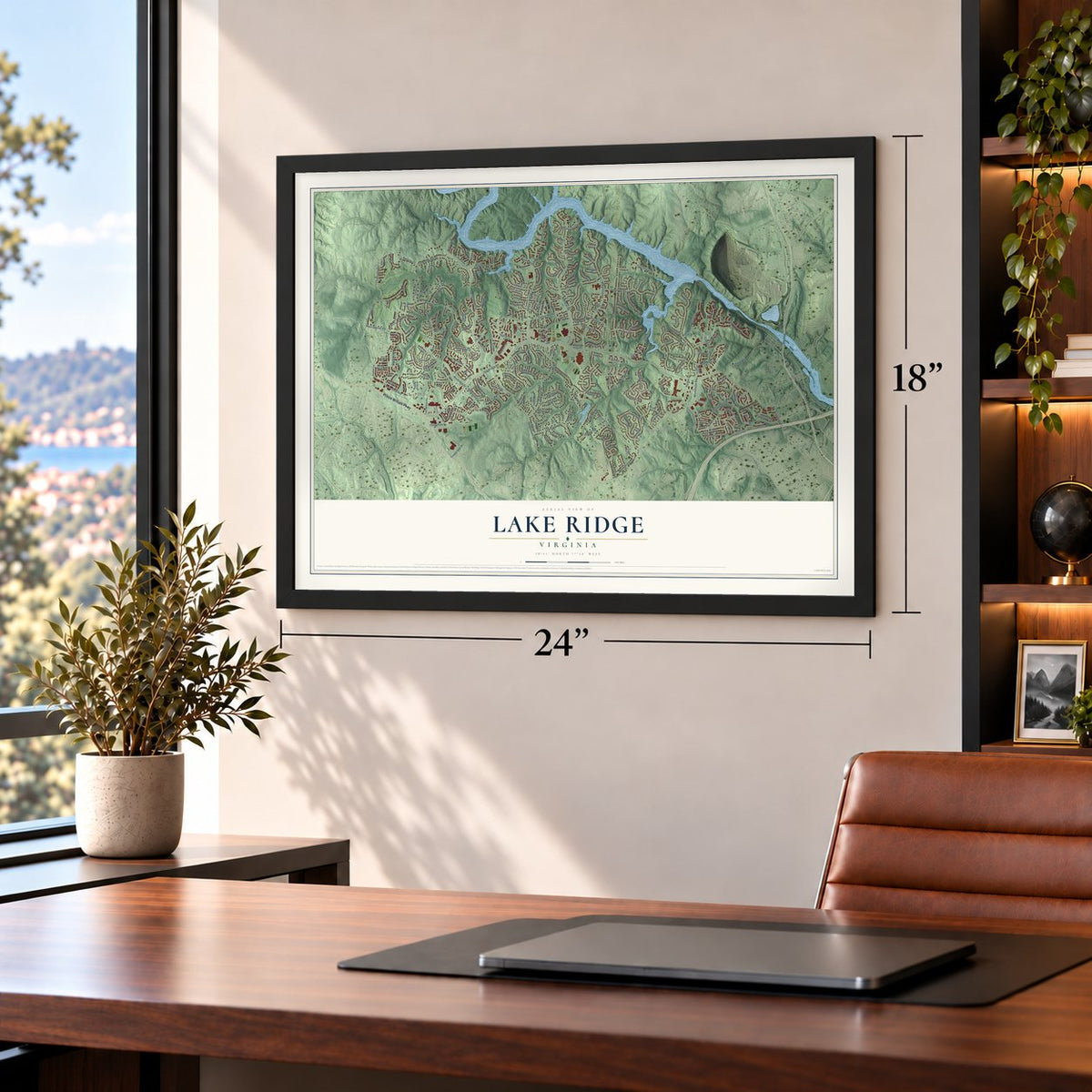 Lake Ridge, Virginia map, 18 x 24 inch print in a black frame in a home office