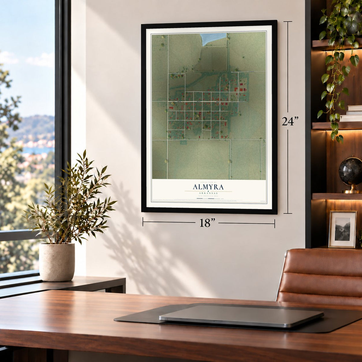 Almyra, Arkansas map, 18 x 24 inch print in a black frame in a home office