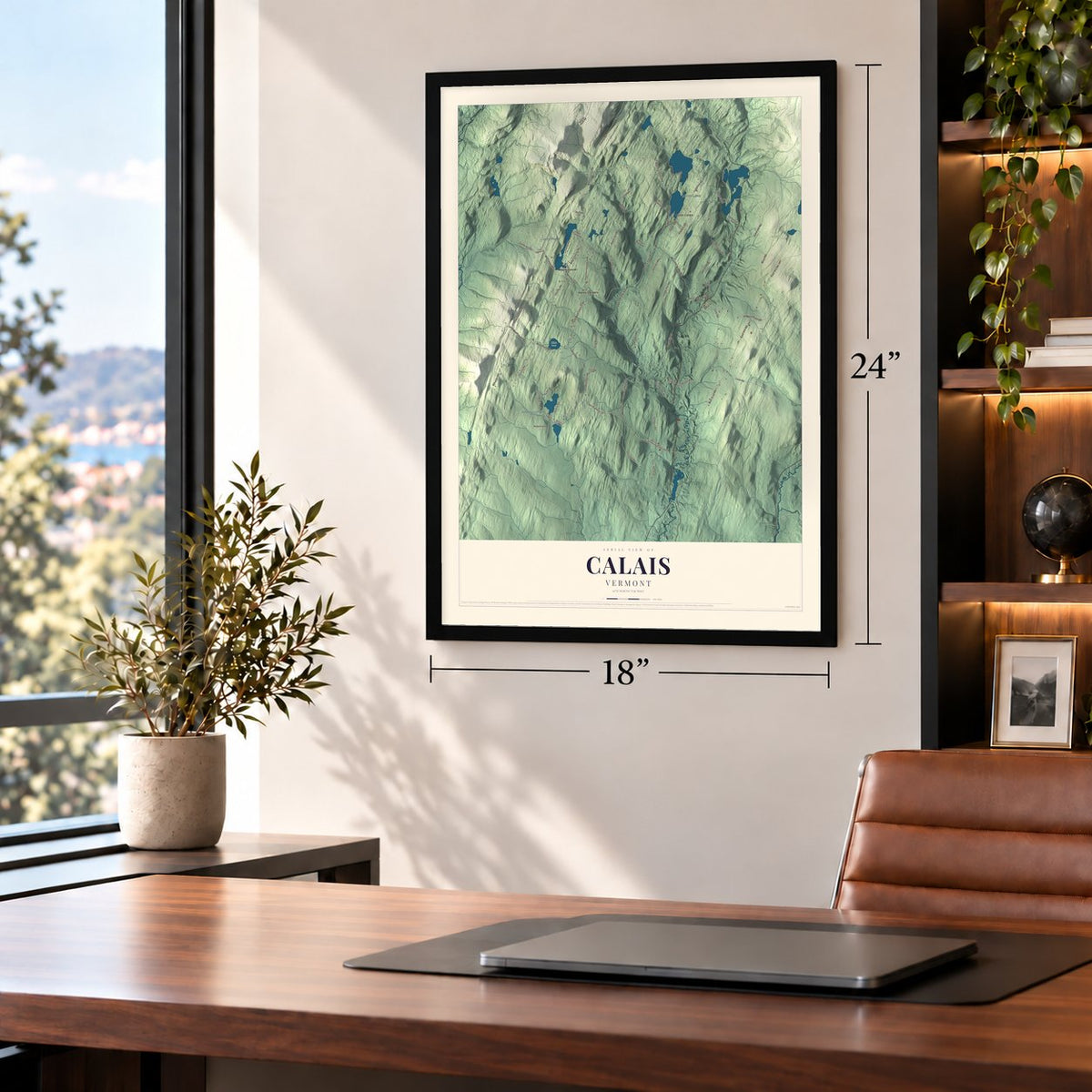 Calais, Vermont map, 18 x 24 inch print in a black frame in a home office
