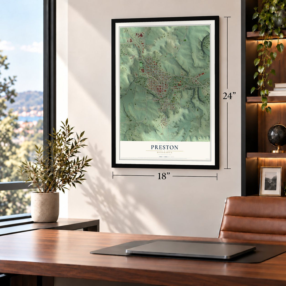 Preston, Minnesota map, 18 x 24 inch print in a black frame in a home office