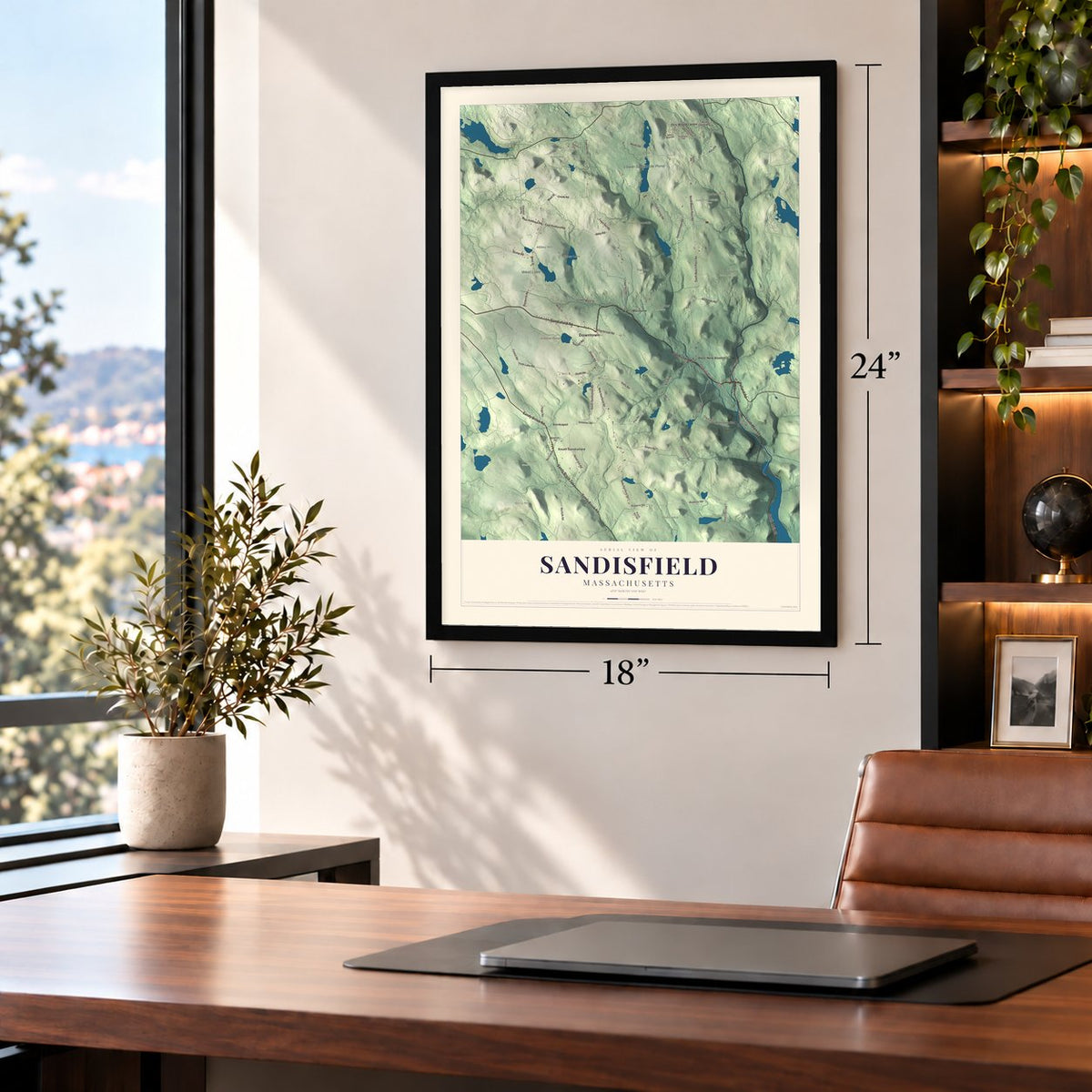 Sandisfield, Massachusetts map, 18 x 24 inch print in a black frame in a home office