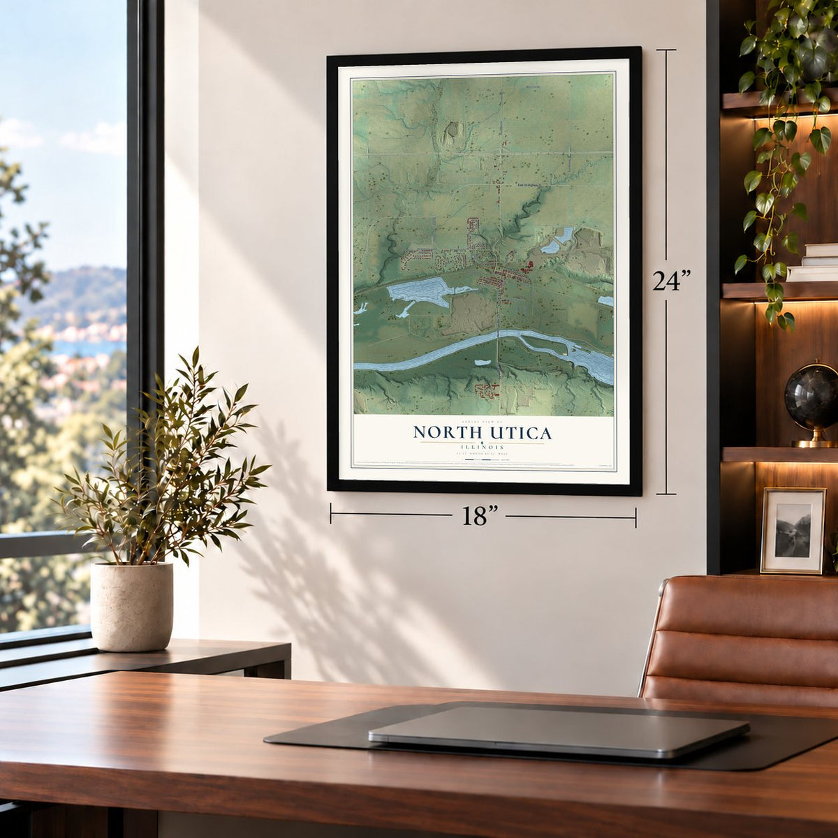 North Utica, Illinois map, 18 x 24 inch print in a black frame in a home office
