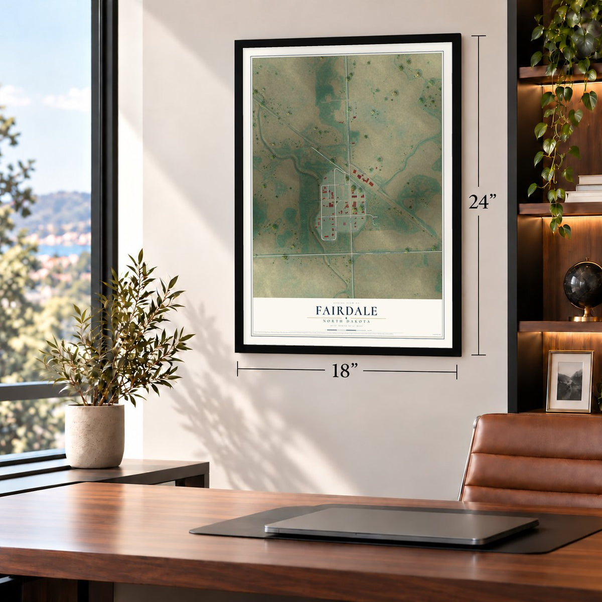 Fairdale, North Dakota map, 18 x 24 inch print in a black frame in a home office