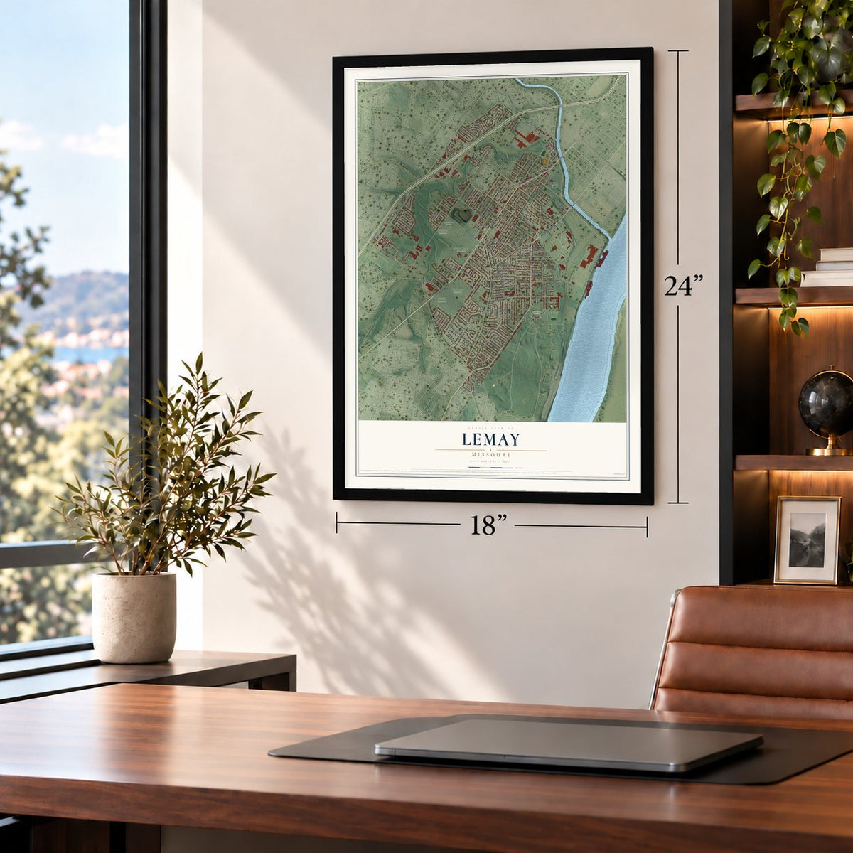 Lemay, Missouri map, 18 x 24 inch print in a black frame in a home office