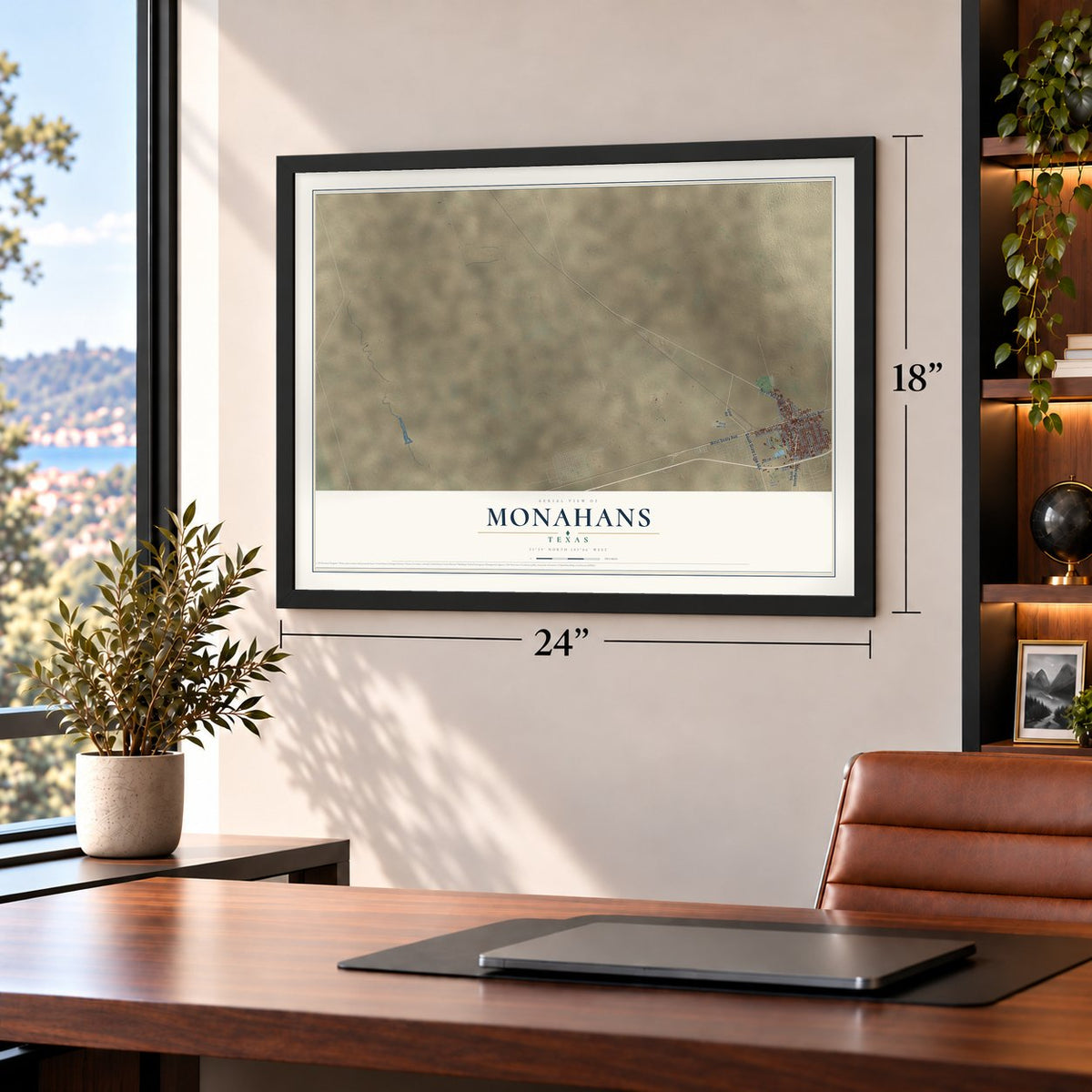 Monahans, Texas map, 18 x 24 inch print in a black frame in a home office