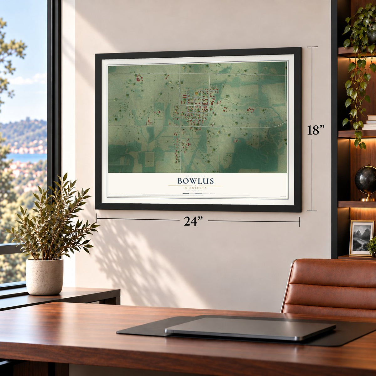 Bowlus, Minnesota map, 18 x 24 inch print in a black frame in a home office