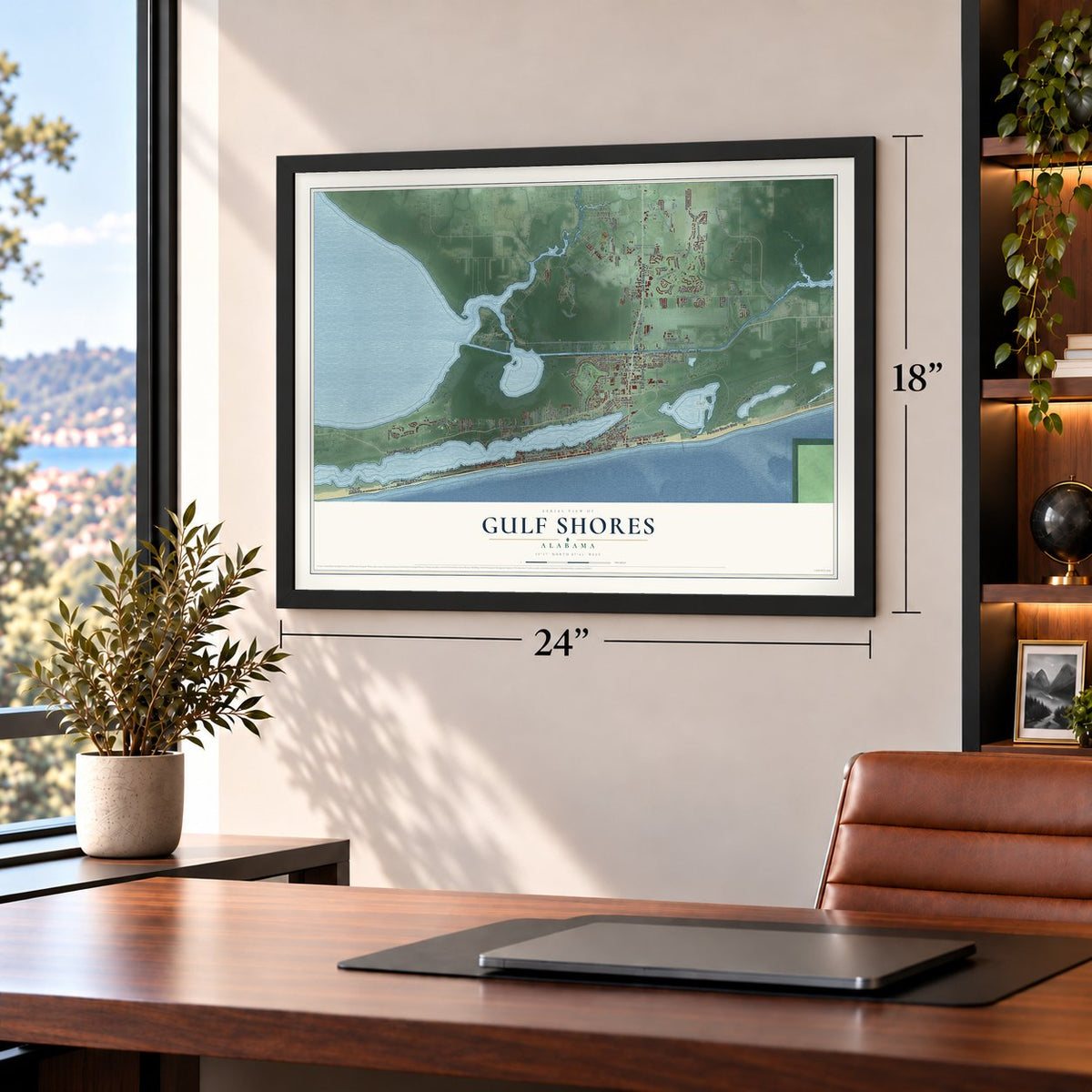 Gulf Shores, Alabama map, 18 x 24 inch print in a black frame in a home office
