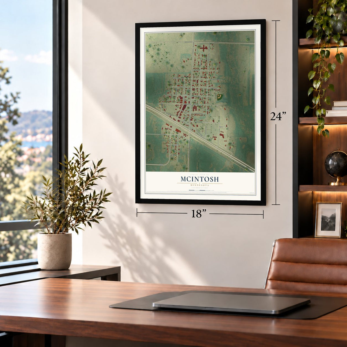 McIntosh, Minnesota map, 18 x 24 inch print in a black frame in a home office
