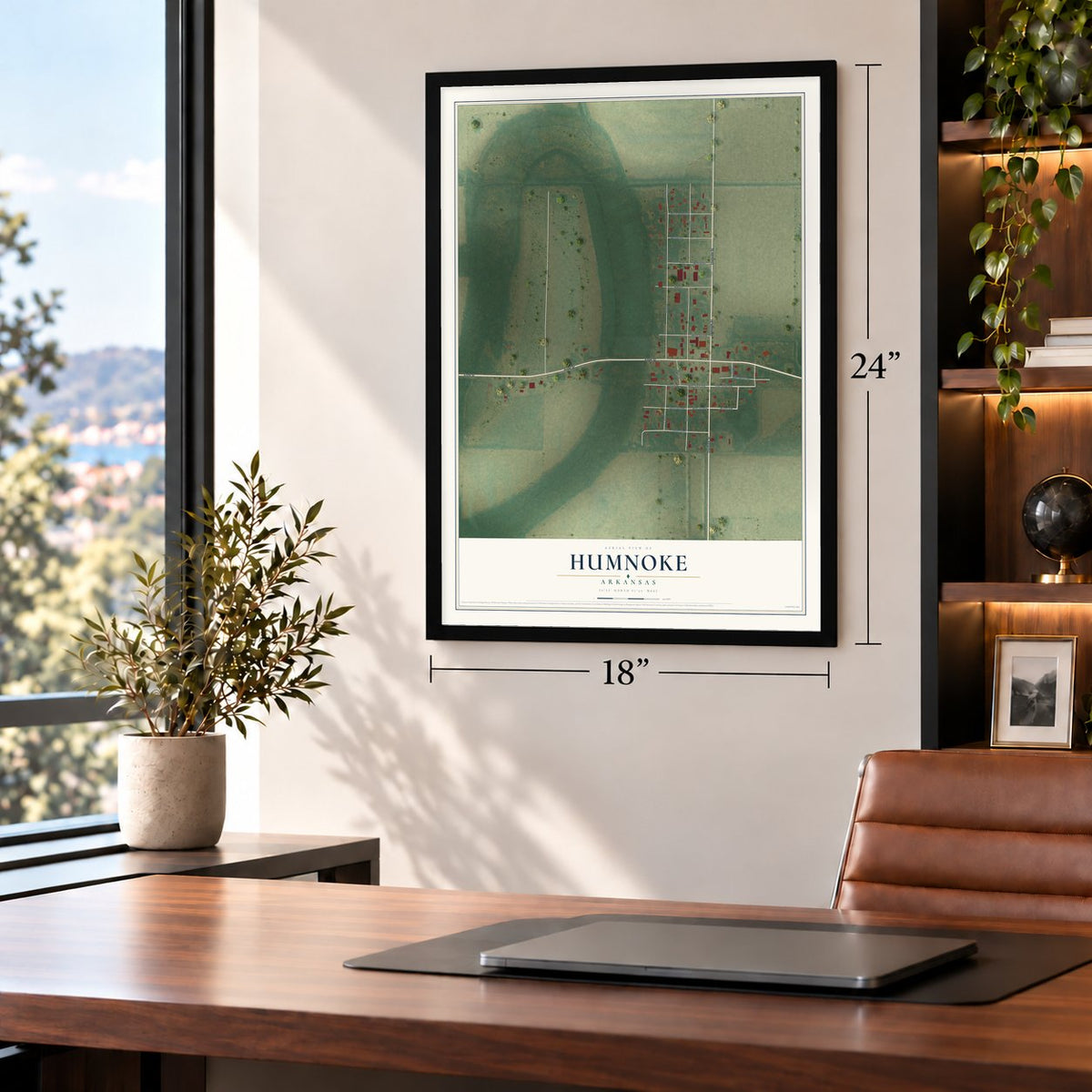Humnoke, Arkansas map, 18 x 24 inch print in a black frame in a home office