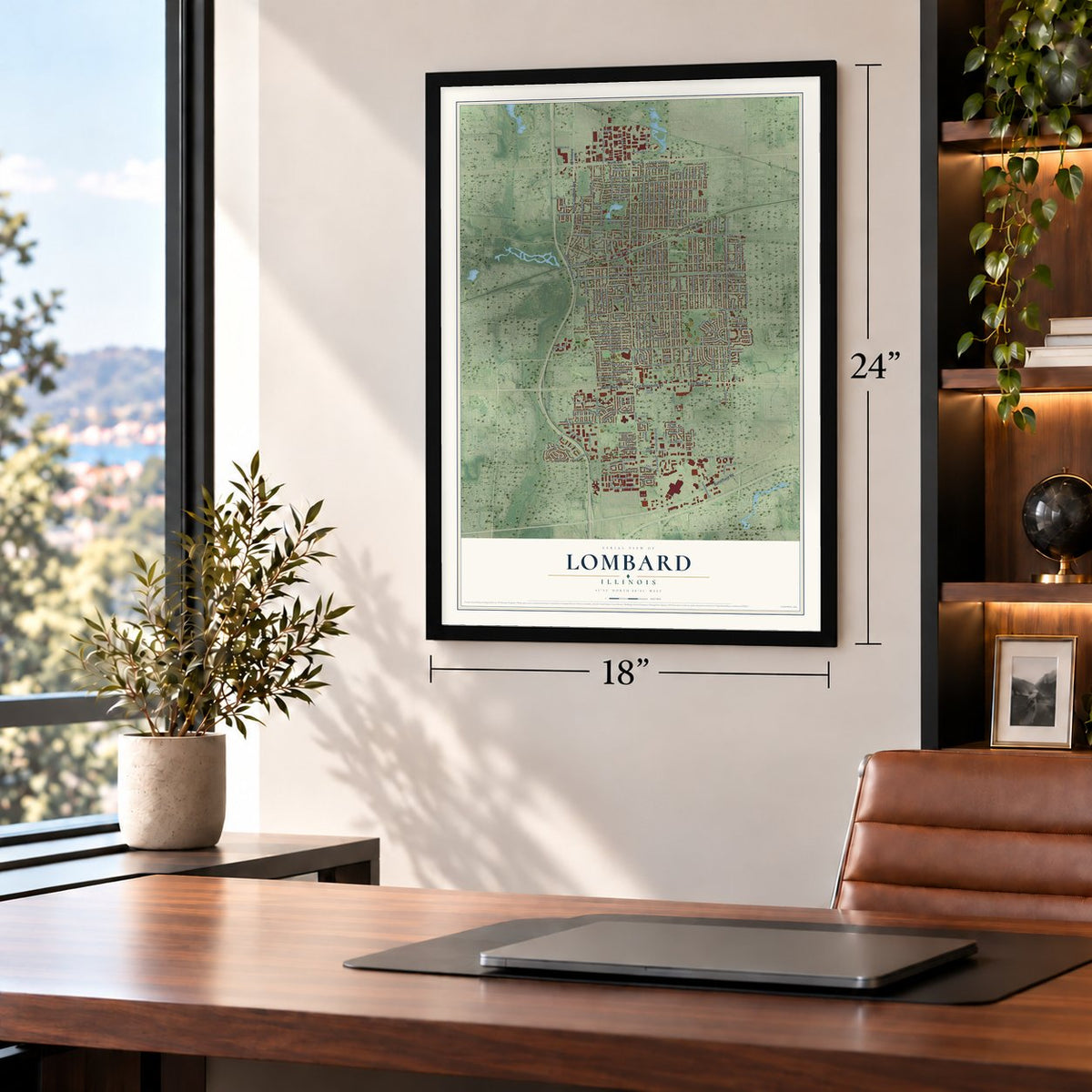 Lombard, Illinois map, 18 x 24 inch print in a black frame in a home office
