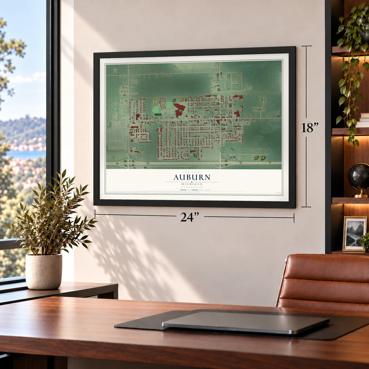 Auburn, Michigan map, 18 x 24 inch print in a black frame in a home office