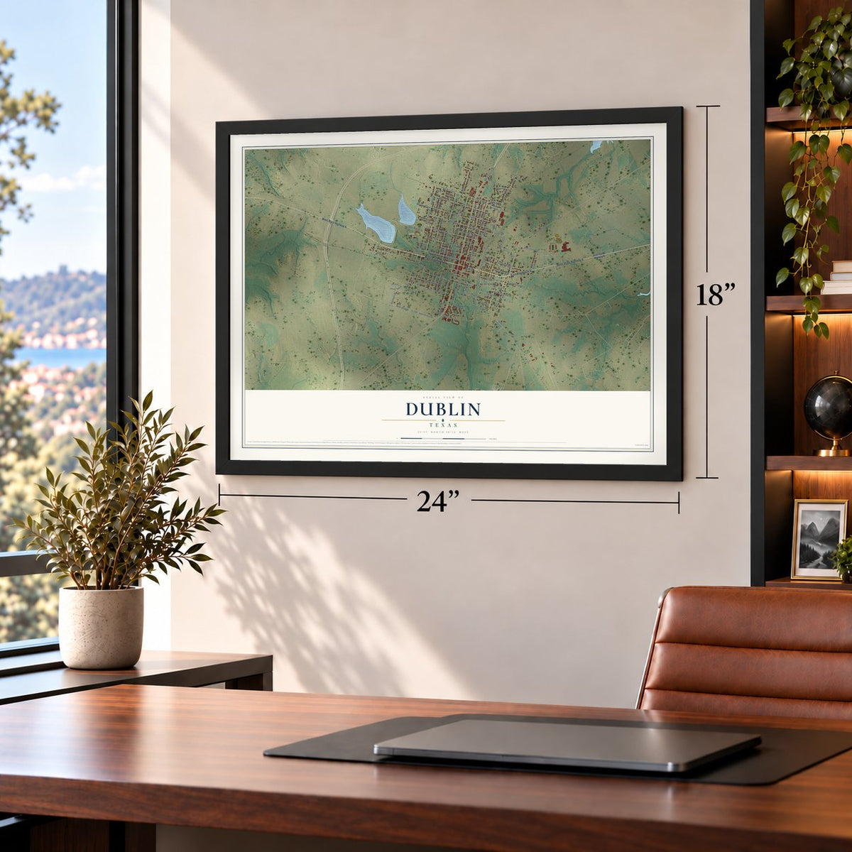Dublin, Texas map, 18 x 24 inch print in a black frame in a home office