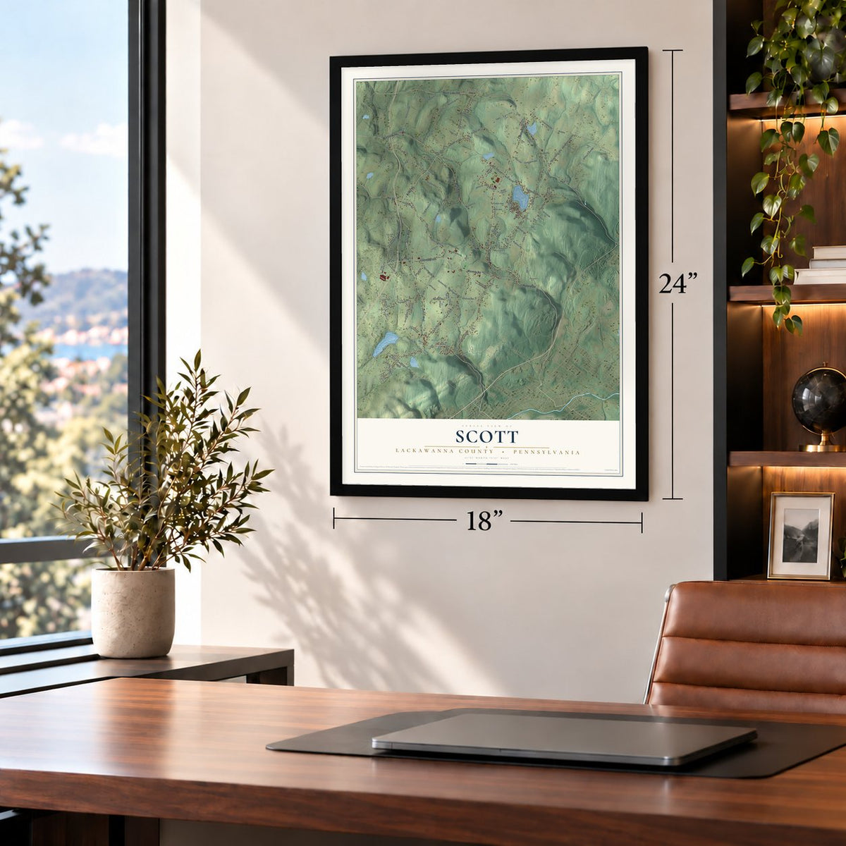 Scott, Lackawanna County, Pennsylvania map, 18 x 24 inch print in a black frame in a home office