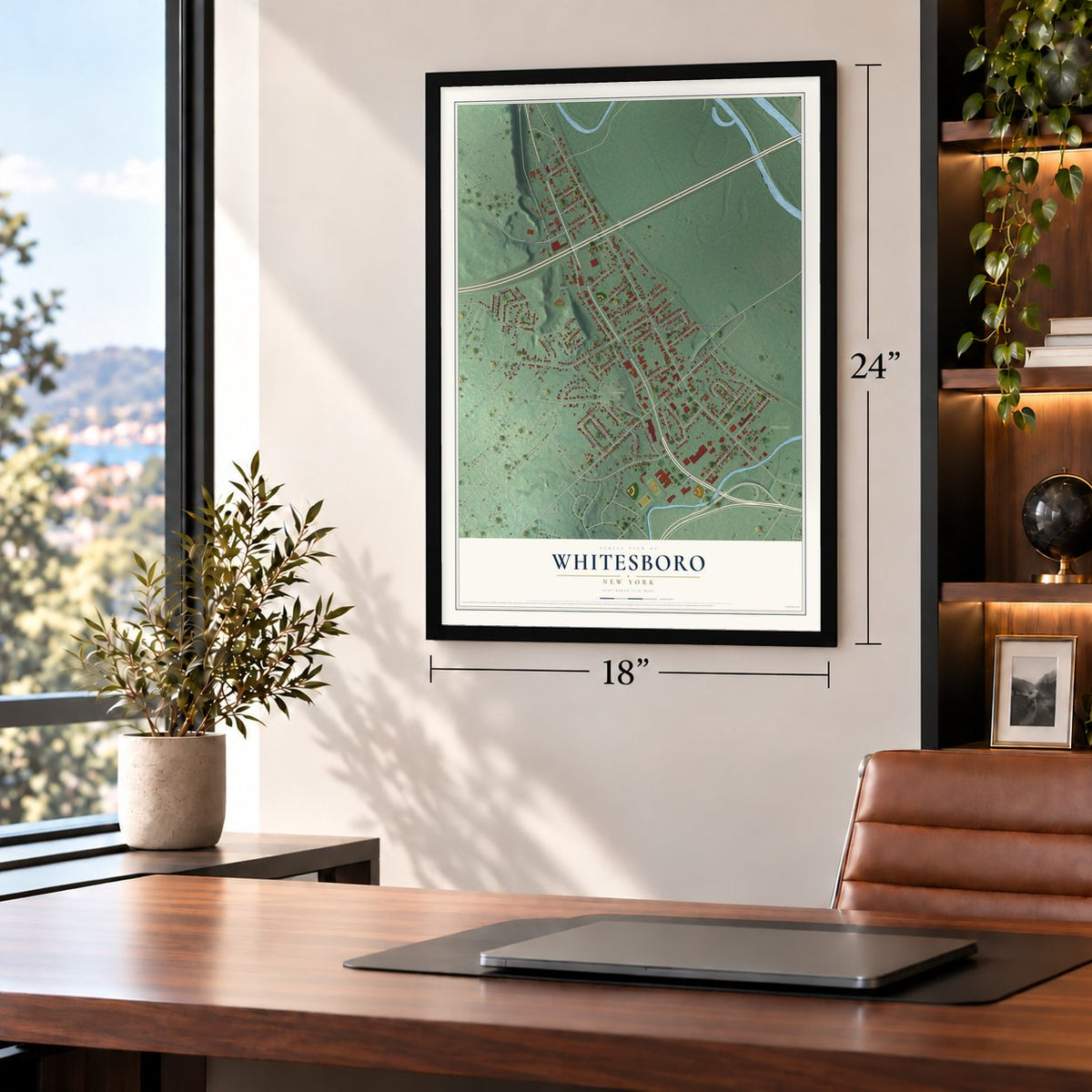 Whitesboro, New York map, 18 x 24 inch print in a black frame in a home office