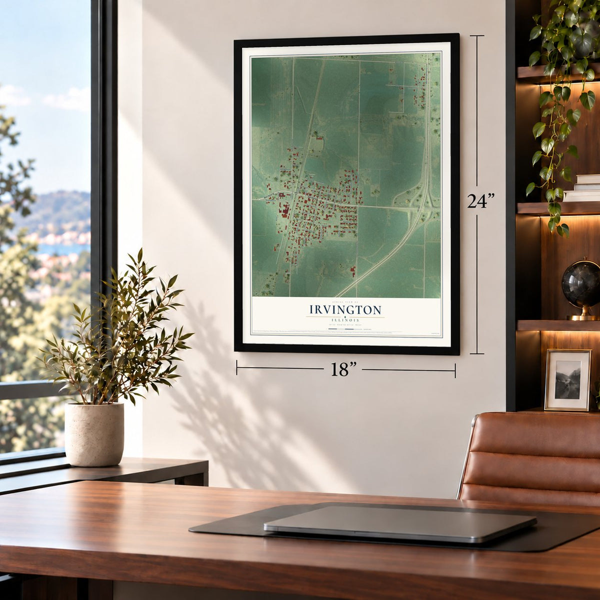 Irvington, Illinois map, 18 x 24 inch print in a black frame in a home office