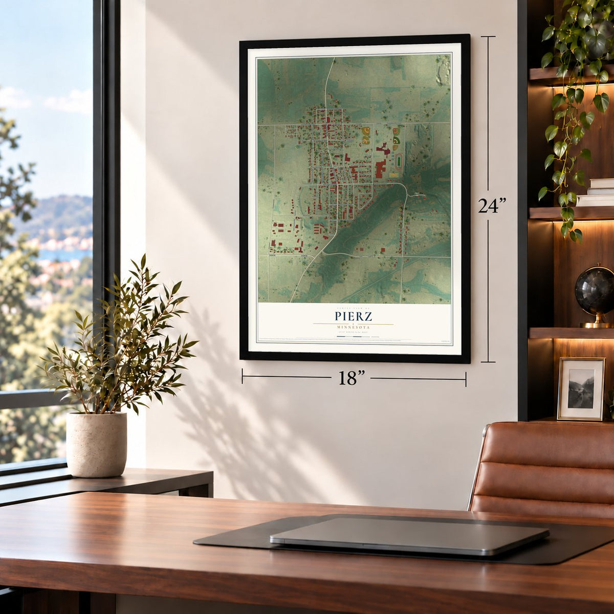 Pierz, Minnesota map, 18 x 24 inch print in a black frame in a home office