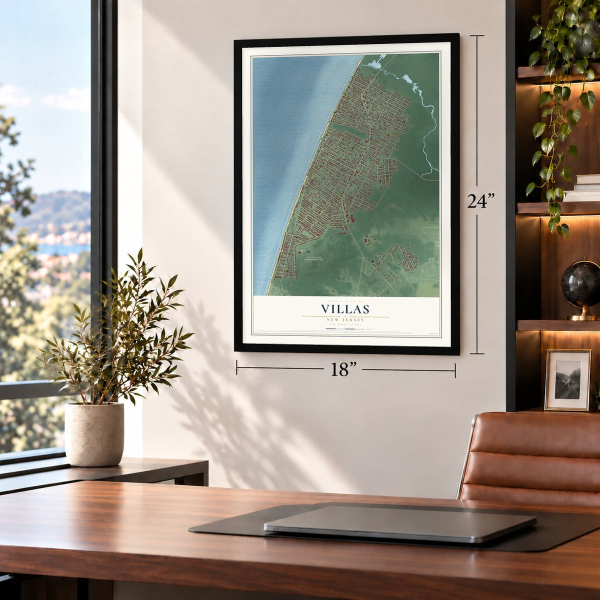 Villas, New Jersey map, 18 x 24 inch print in a black frame in a home office