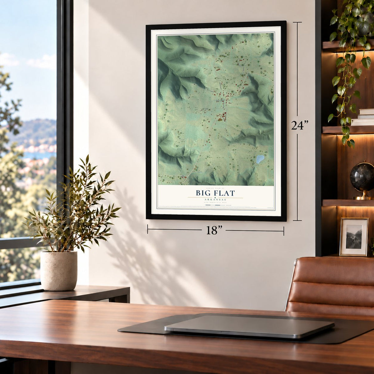Big Flat, Arkansas map, 18 x 24 inch print in a black frame in a home office
