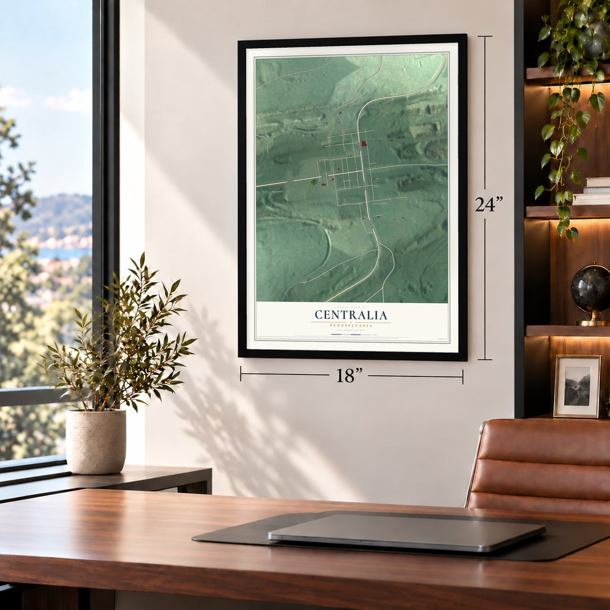 Centralia, Pennsylvania map, 18 x 24 inch print in a black frame in a home office