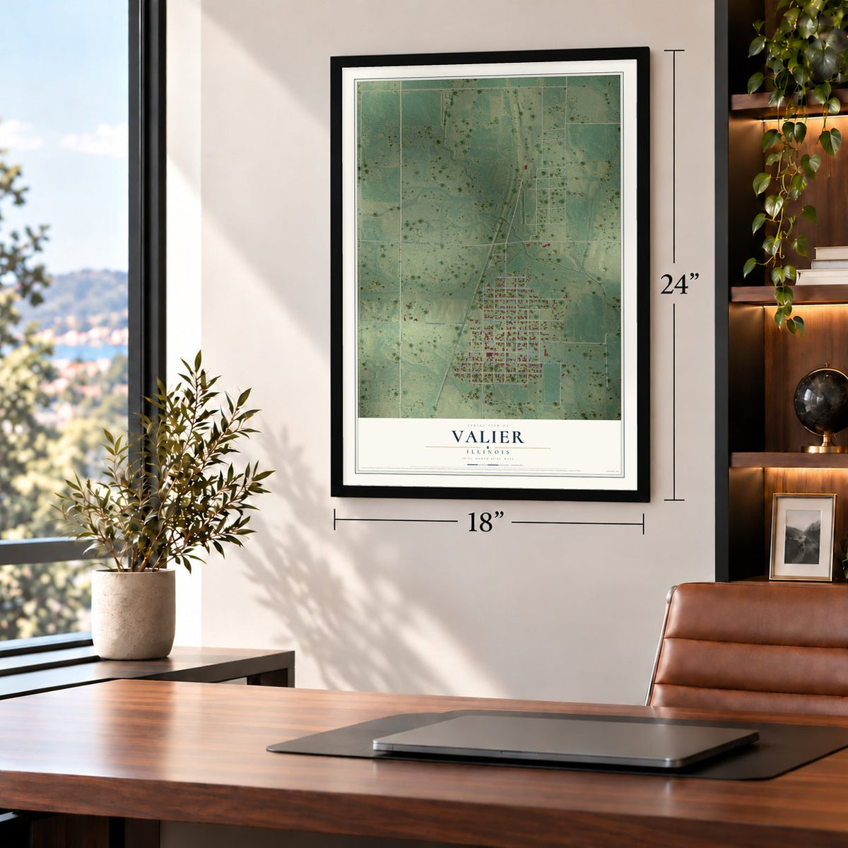 Valier, Illinois map, 18 x 24 inch print in a black frame in a home office