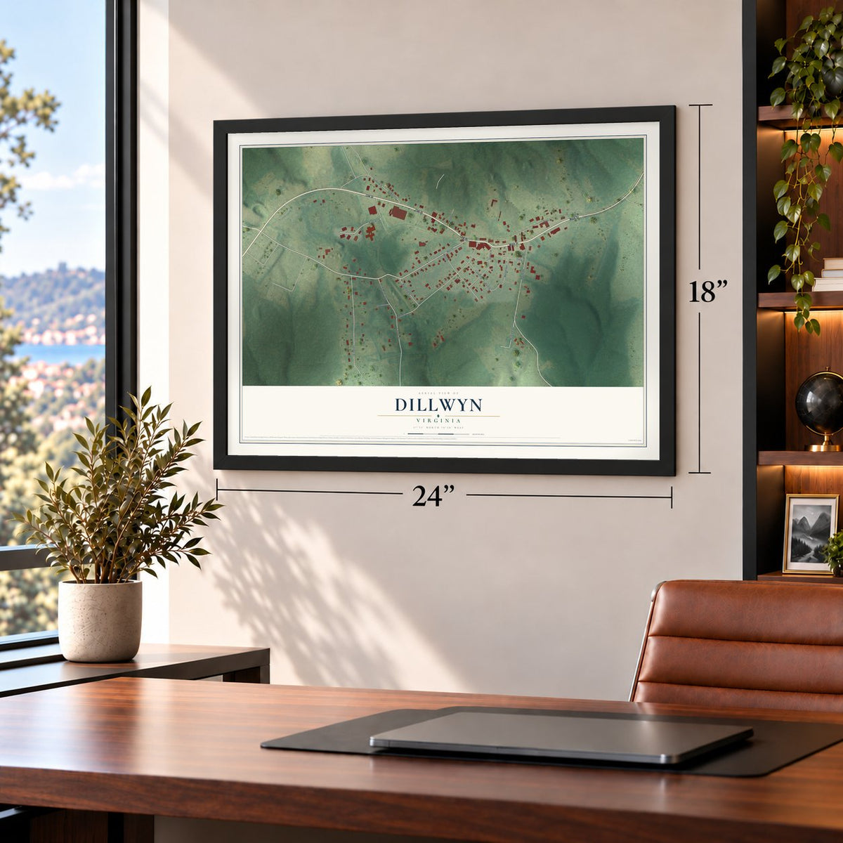 Dillwyn, Virginia map, 18 x 24 inch print in a black frame in a home office