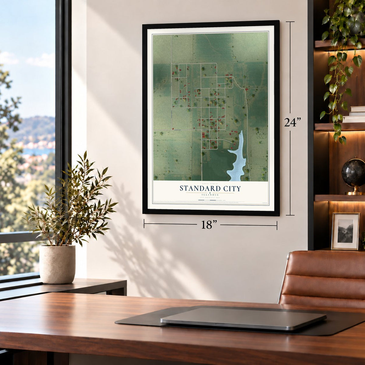 Standard City, Illinois map, 18 x 24 inch print in a black frame in a home office