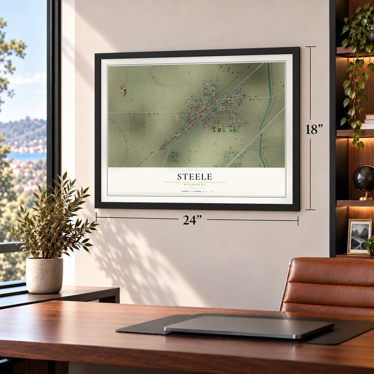Steele, Missouri map, 18 x 24 inch print in a black frame in a home office