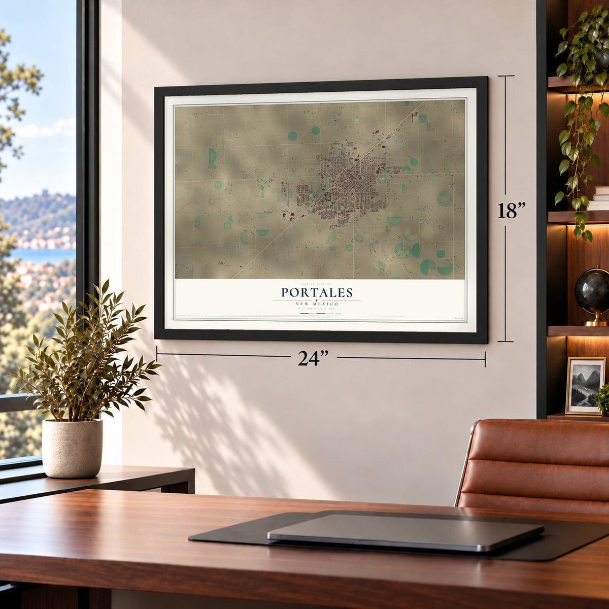 Portales, New Mexico map, 18 x 24 inch print in a black frame in a home office