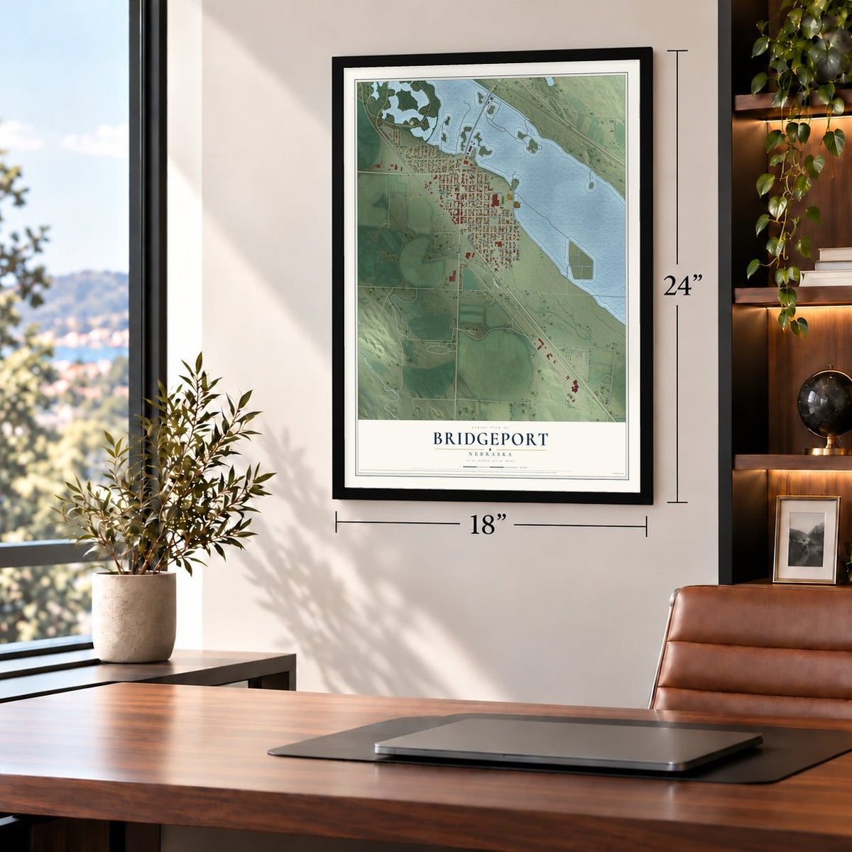 Bridgeport, Nebraska map, 18 x 24 inch print in a black frame in a home office