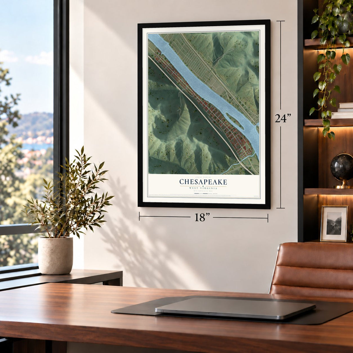 Chesapeake, West Virginia map, 18 x 24 inch print in a black frame in a home office