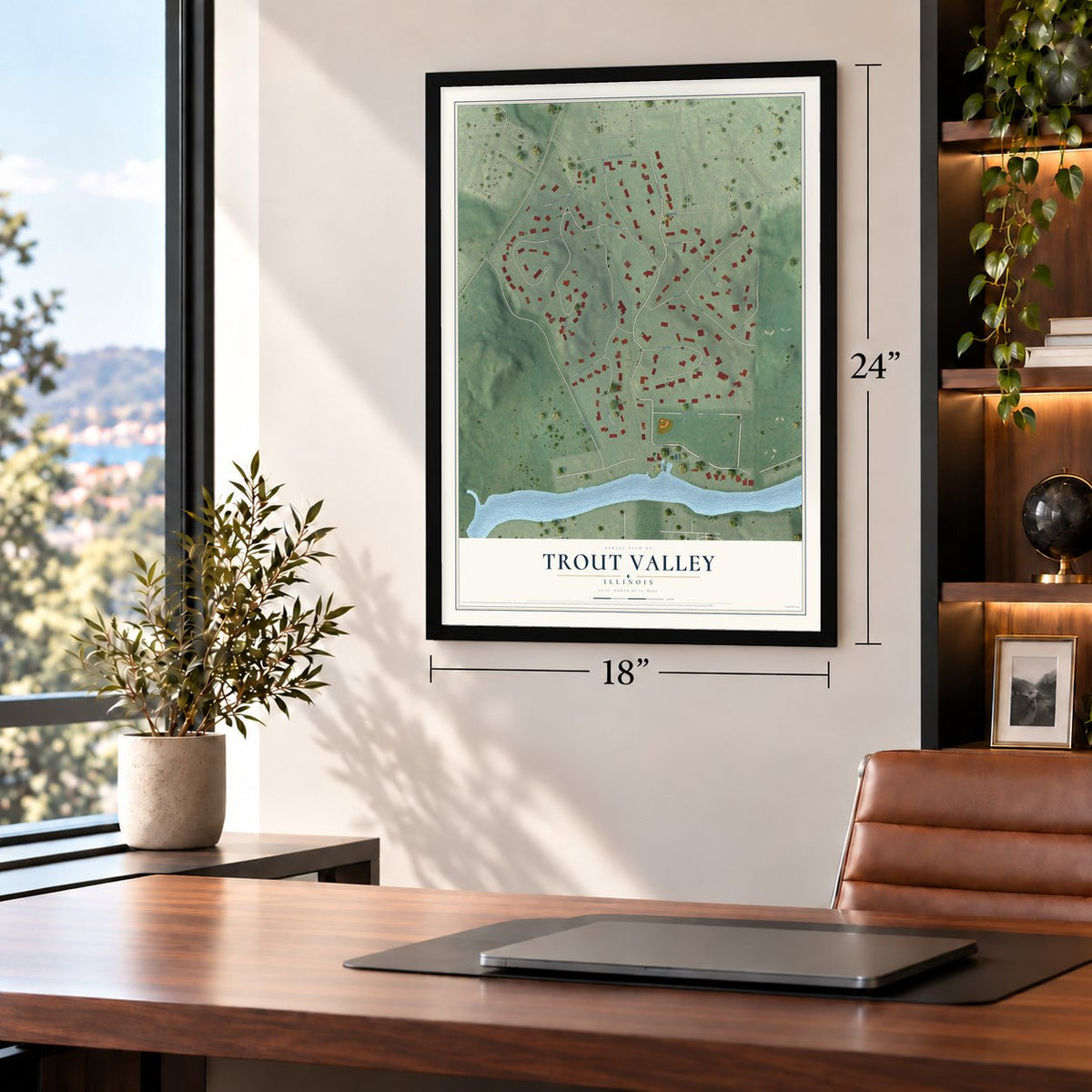 Trout Valley, Illinois map, 18 x 24 inch print in a black frame in a home office