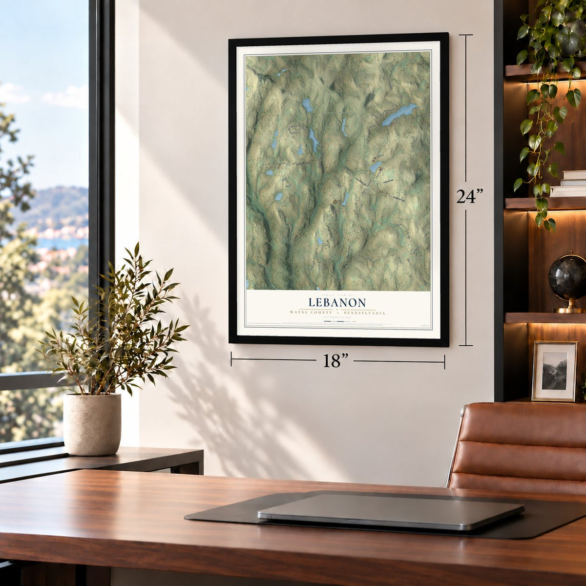 Lebanon, Wayne County, Pennsylvania map, 18 x 24 inch print in a black frame in a home office