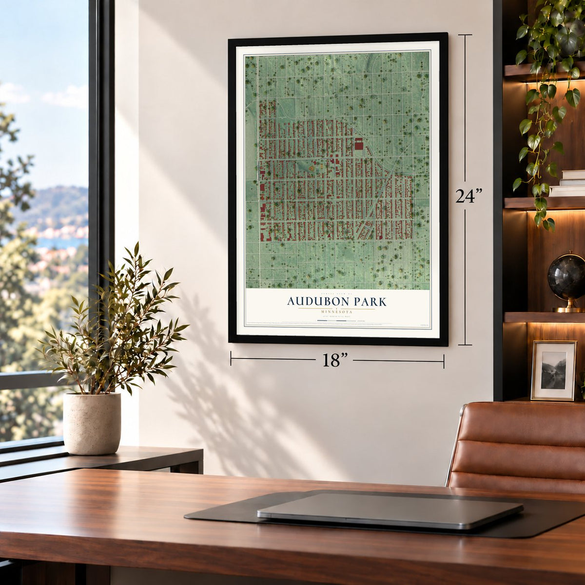 Audubon Park, Minnesota map, 18 x 24 inch print in a black frame in a home office