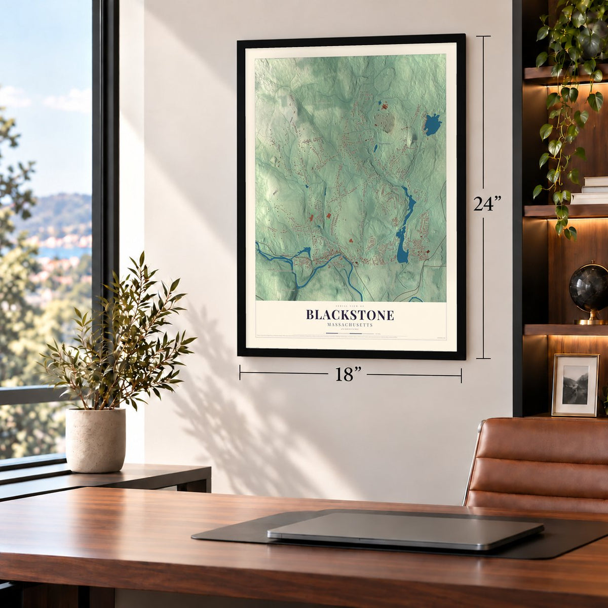Blackstone, Massachusetts map, 18 x 24 inch print in a black frame in a home office