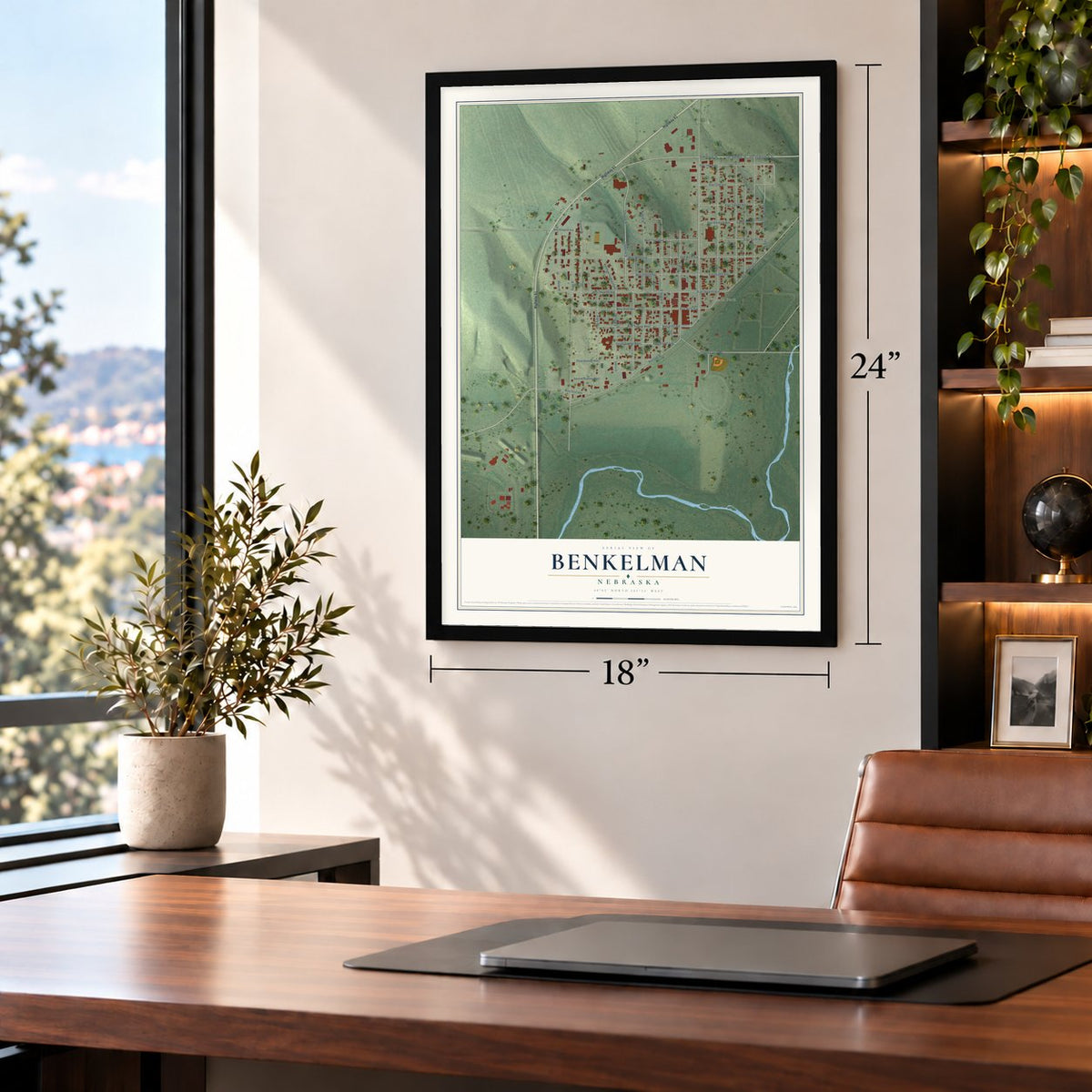 Benkelman, Nebraska map, 18 x 24 inch print in a black frame in a home office