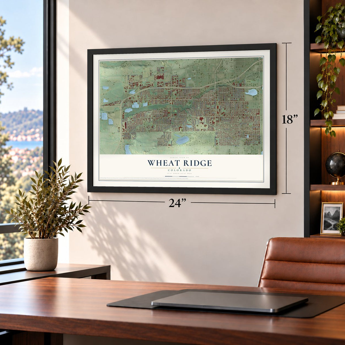 Wheat Ridge, Colorado map, 18 x 24 inch print in a black frame in a home office
