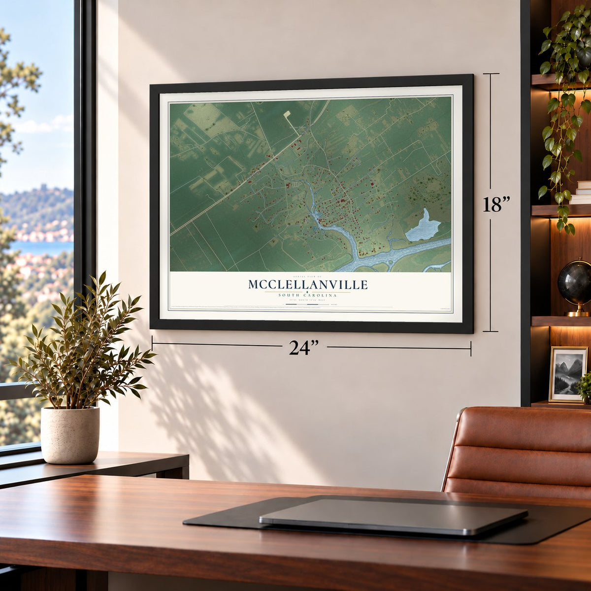 McClellanville, South Carolina map, 18 x 24 inch print in a black frame in a home office