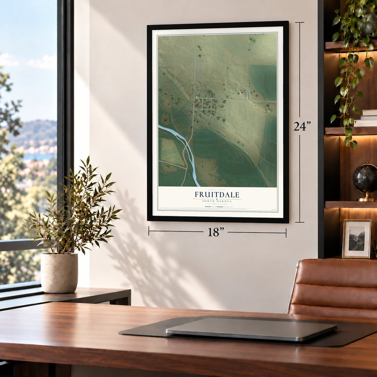 Fruitdale, South Dakota map, 18 x 24 inch print in a black frame in a home office