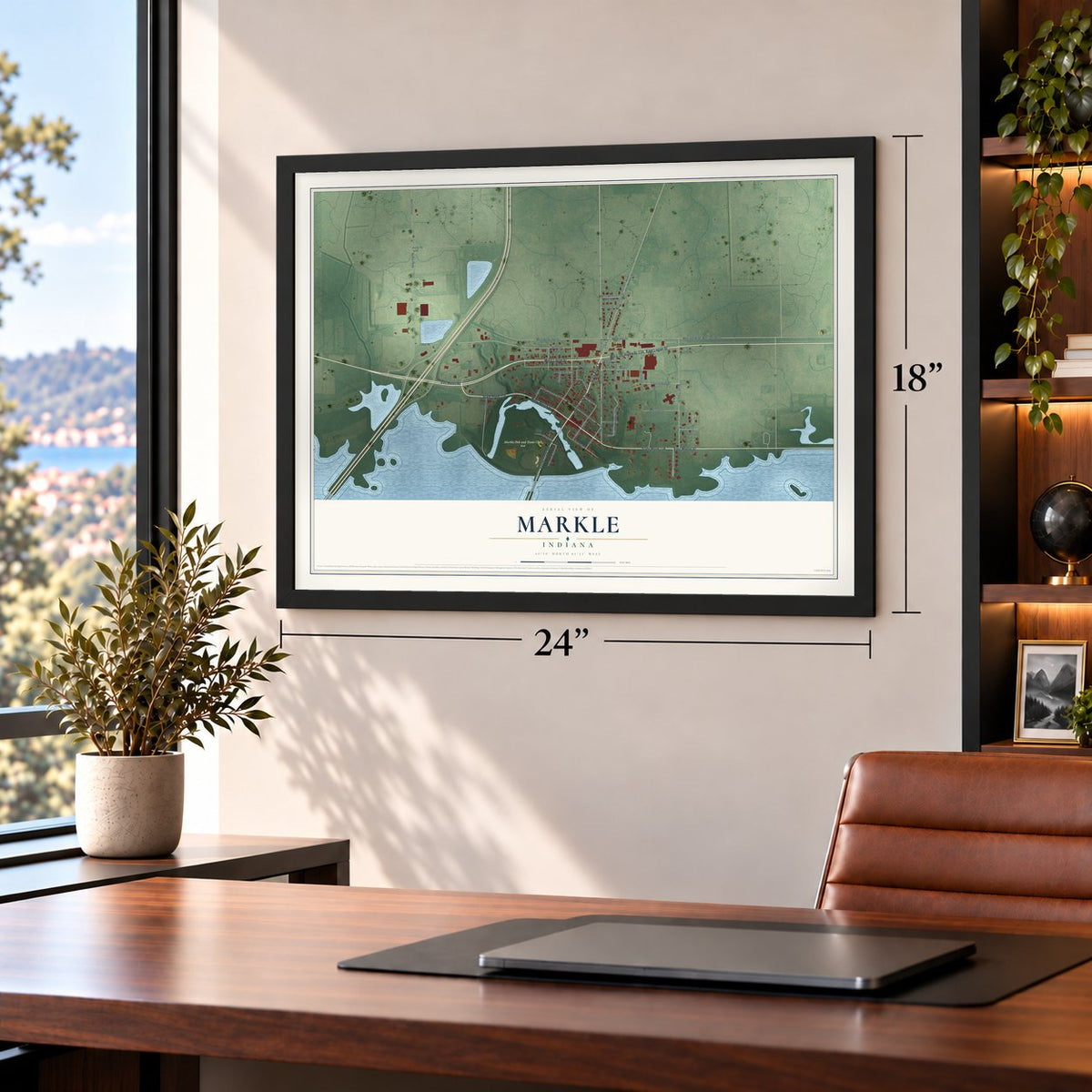 Markle, Indiana map, 18 x 24 inch print in a black frame in a home office