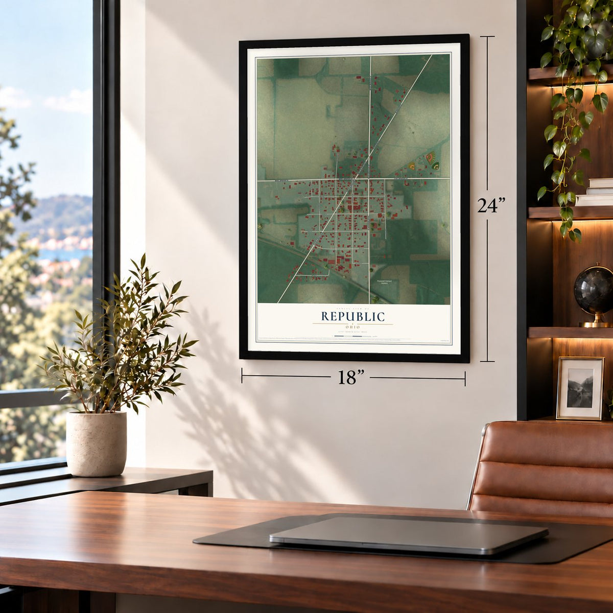 Republic, Ohio map, 18 x 24 inch print in a black frame in a home office