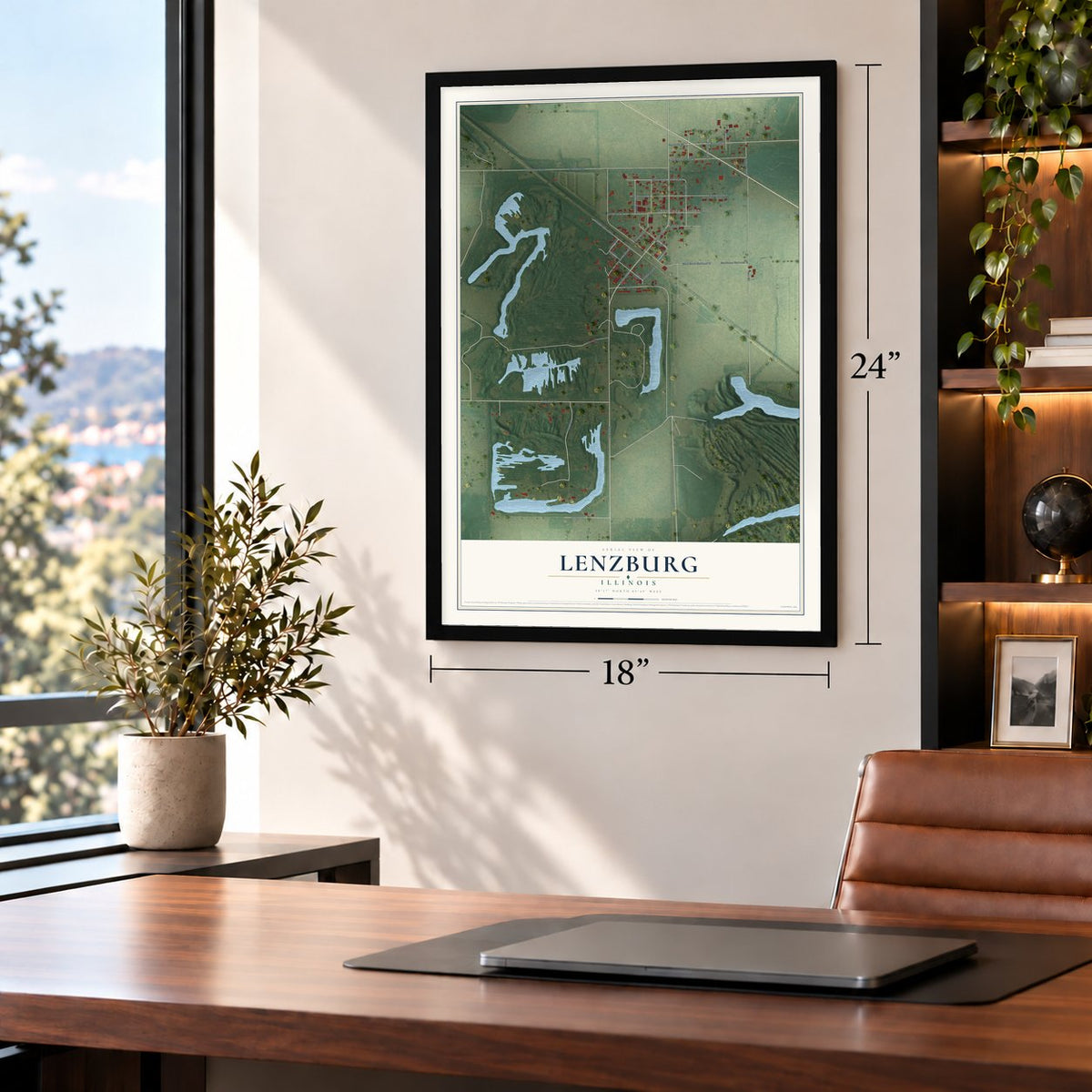 Lenzburg, Illinois map, 18 x 24 inch print in a black frame in a home office