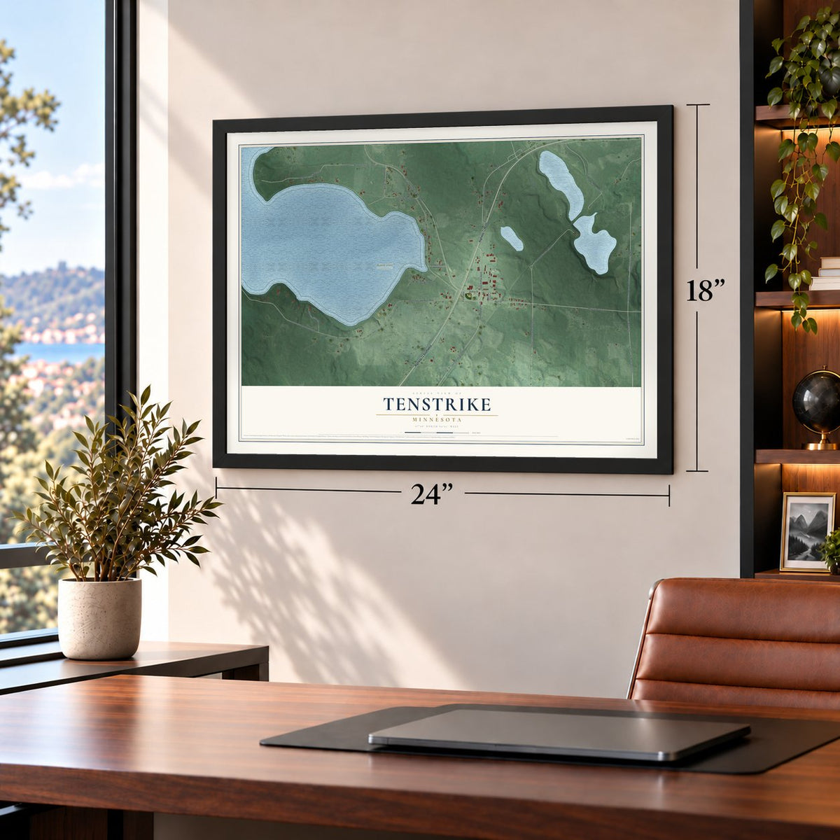 Tenstrike, Minnesota map, 18 x 24 inch print in a black frame in a home office