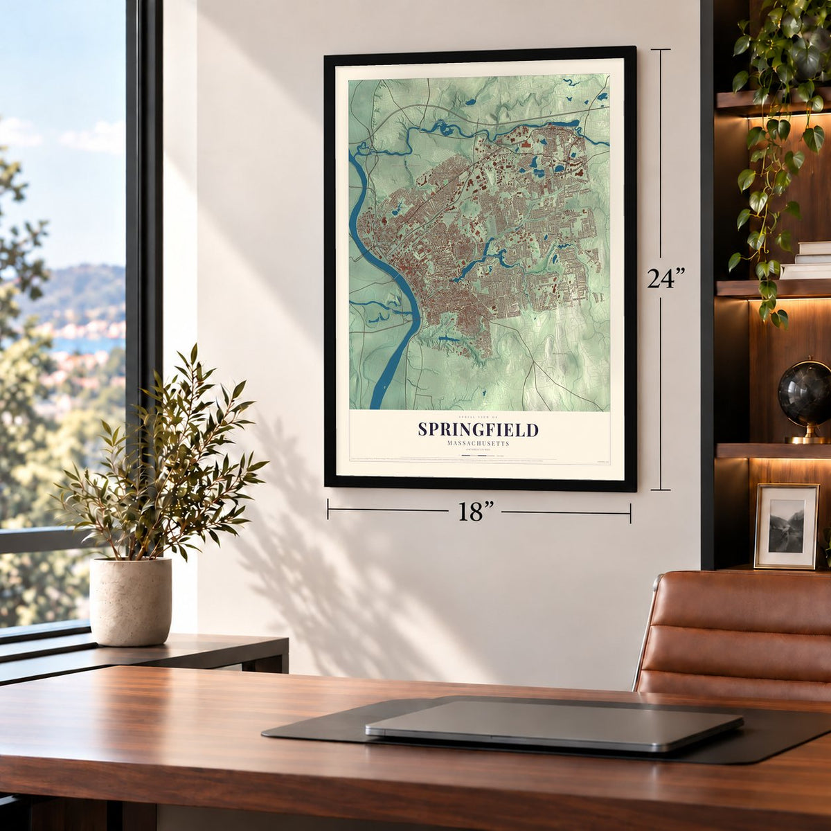 Springfield, Massachusetts map, 18 x 24 inch print in a black frame in a home office