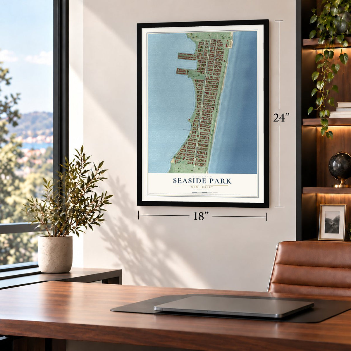 Seaside Park, New Jersey map, 18 x 24 inch print in a black frame in a home office