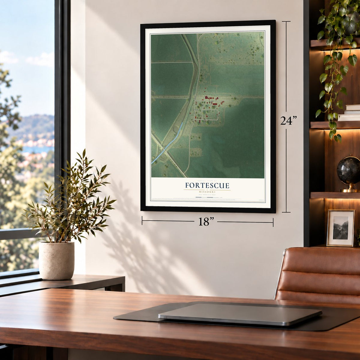 Fortescue, Missouri map, 18 x 24 inch print in a black frame in a home office
