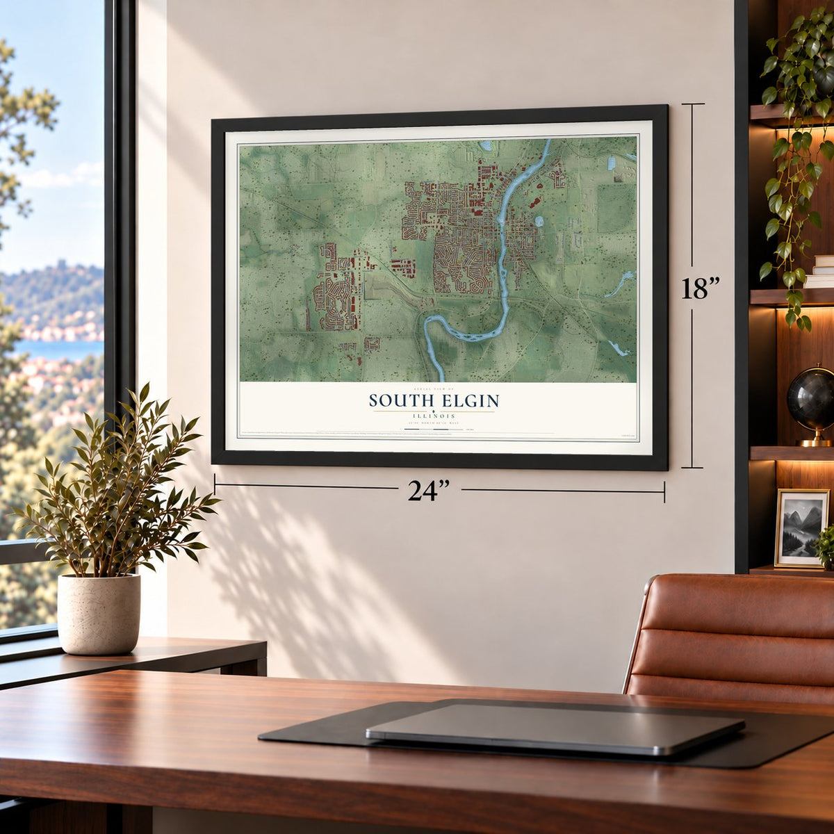 South Elgin, Illinois map, 18 x 24 inch print in a black frame in a home office