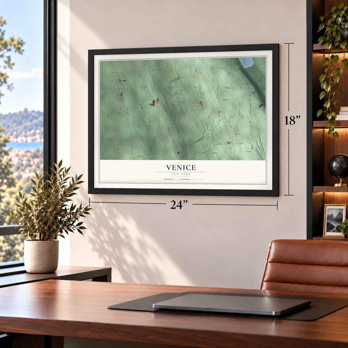 Venice, New York map, 18 x 24 inch print in a black frame in a home office