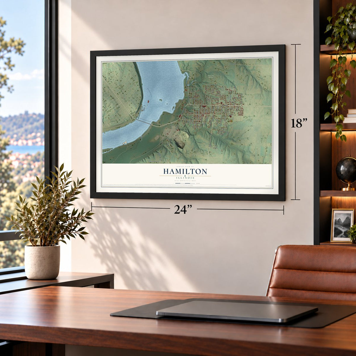 Hamilton, Illinois map, 18 x 24 inch print in a black frame in a home office